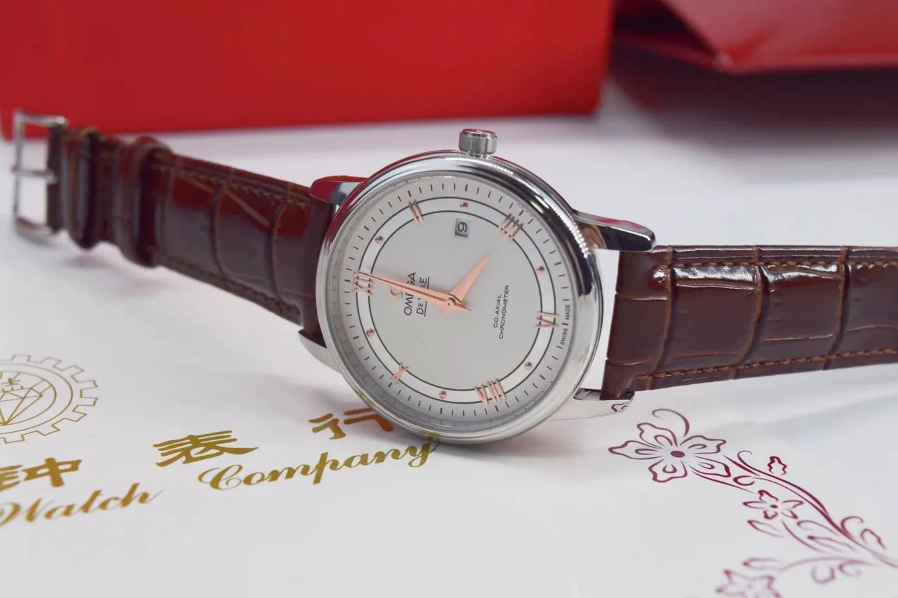 Omega De Ville Cadran Branco Cinturão de Couro de Crocodilo Marrom Relógio Mecânico 2