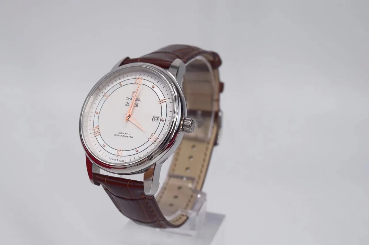Omega De Ville Cadran Branco Cinturão de Couro de Crocodilo Marrom Relógio Mecânico 11