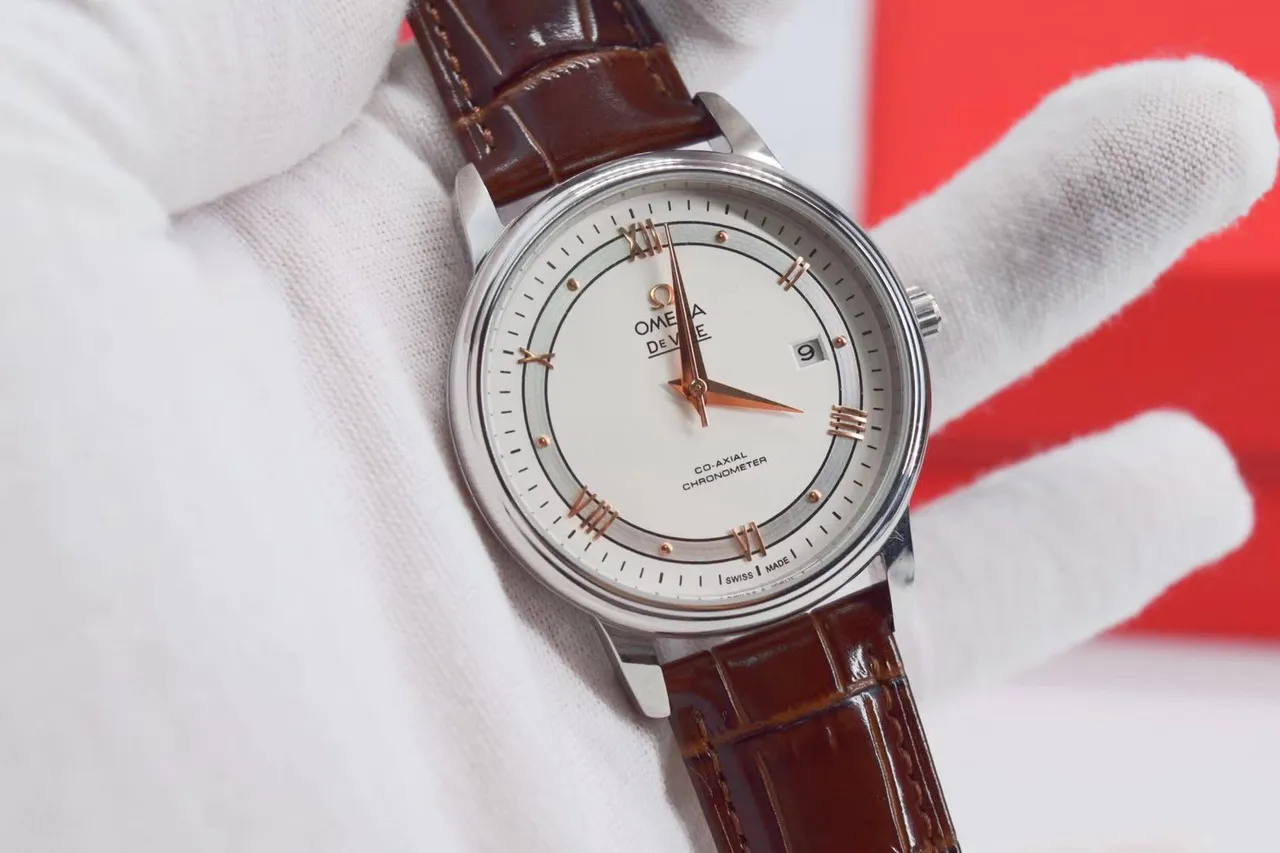 Omega De Ville Cadran Branco Cinturão de Couro de Crocodilo Marrom Relógio Mecânico 13