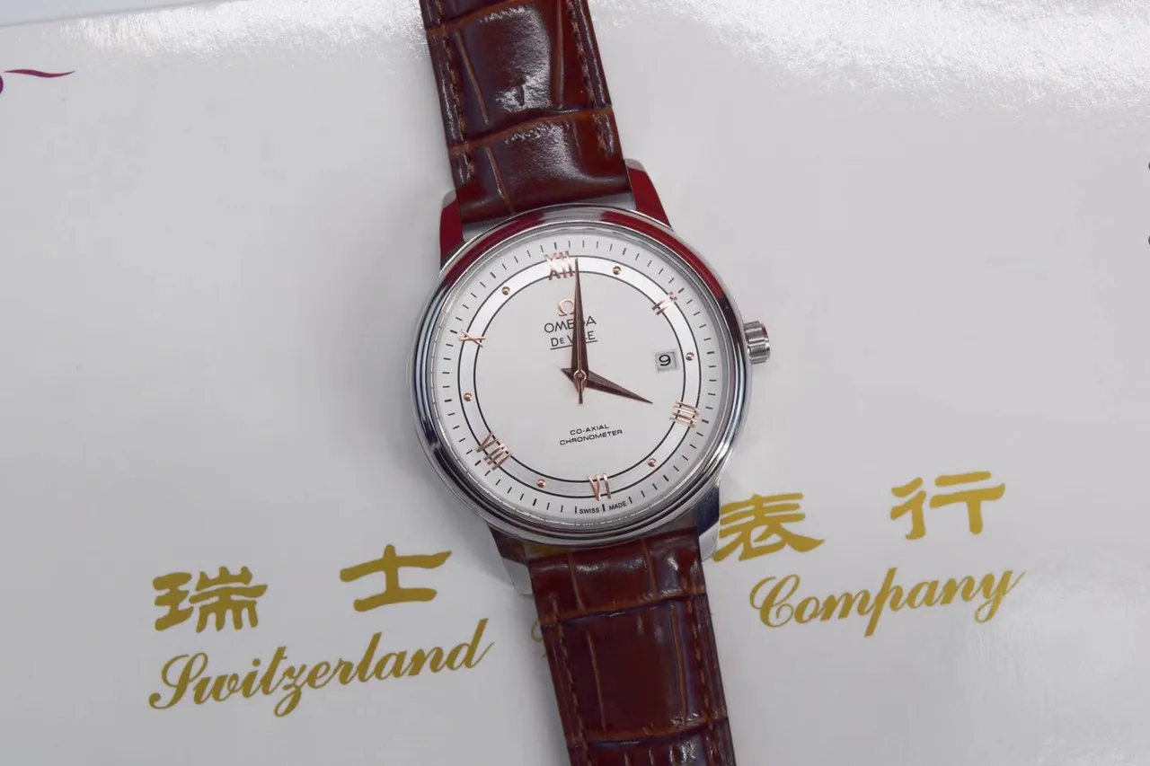 Omega De Ville Cadran Branco Cinturão de Couro de Crocodilo Marrom Relógio Mecânico 14