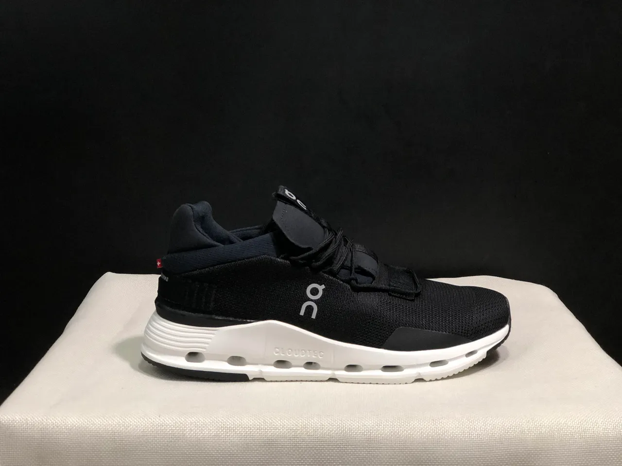 On Black White Knit Upper Strap Closure Lifestyle Sneakers 6