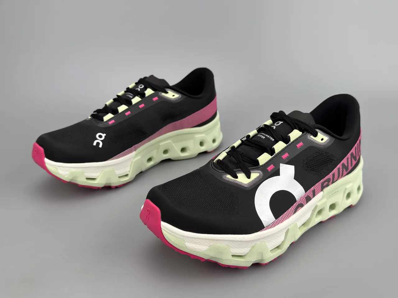 On Cloudmonster Black Pink Lime Green Running Shoes 7
