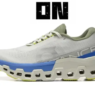 On Cloudmonster Light Gray Blue Lime Running Shoes