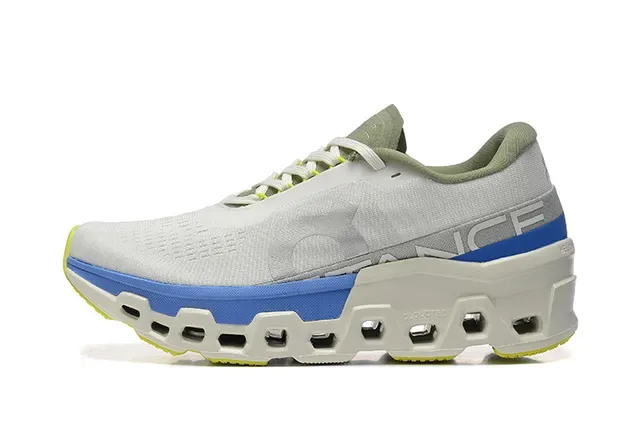 On Cloudmonster Light Gray Blue Lime Running Shoes 5