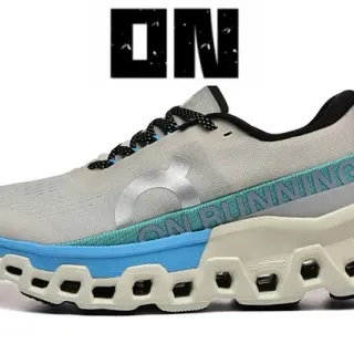 On Cloudmonster gris claro azul teal zapatillas de running