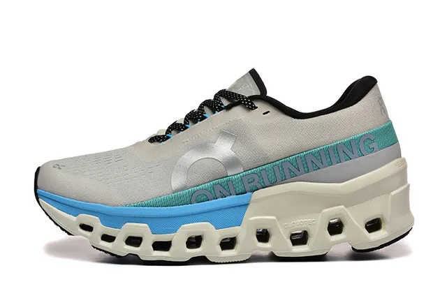 On Cloudmonster cinza claro azul teal tênis de corrida 3