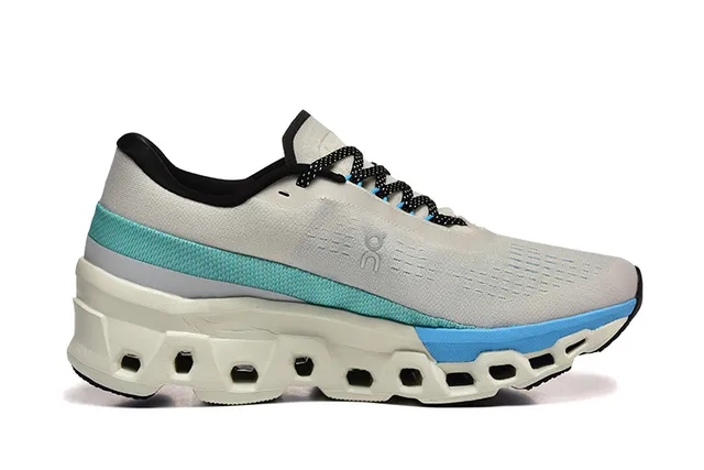 On Cloudmonster cinza claro azul teal tênis de corrida 4