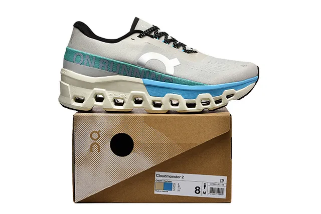 On Cloudmonster cinza claro azul teal tênis de corrida 5