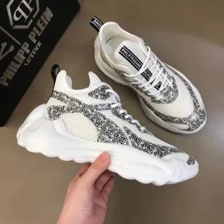 Philipp Plein Active White Black Sculpted Sole Geometric Pixelated Overlay Chunky Sneakers