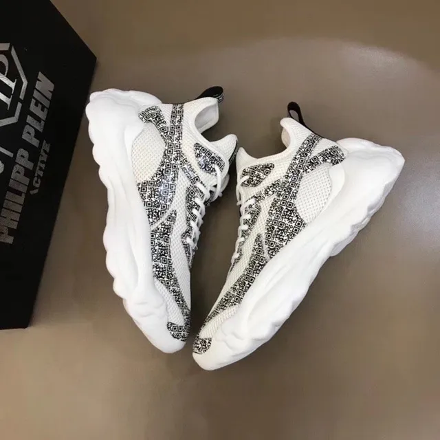 Philipp Plein Active Blanc Noir Semelle Sculptée Superposition Géométrique Pixelisée Baskets Chunky 4