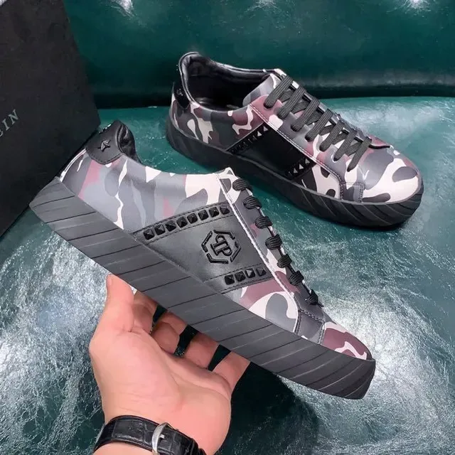 Philipp Plein Army ألوان متعددة أسود كامو فلاج الجزء العلوي جلد مثقب لوحة أحذية أسلوب حياة 1