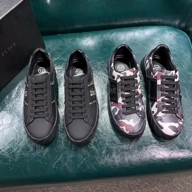 Philipp Plein Army ألوان متعددة أسود كامو فلاج الجزء العلوي جلد مثقب لوحة أحذية أسلوب حياة 3