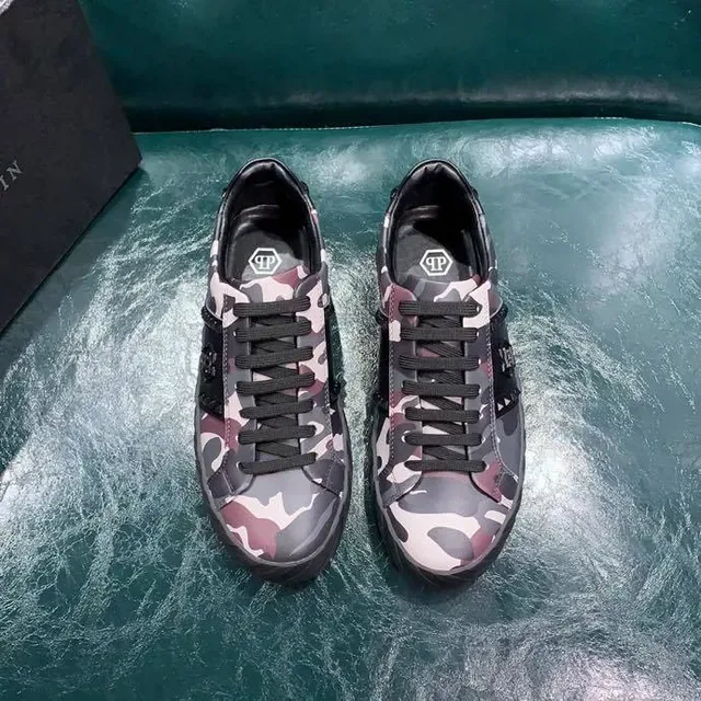 Philipp Plein Army ألوان متعددة أسود كامو فلاج الجزء العلوي جلد مثقب لوحة أحذية أسلوب حياة 6