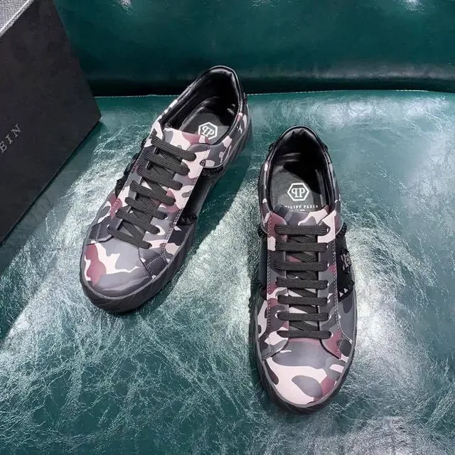 Philipp Plein Army ألوان متعددة أسود كامو فلاج الجزء العلوي جلد مثقب لوحة أحذية أسلوب حياة 9