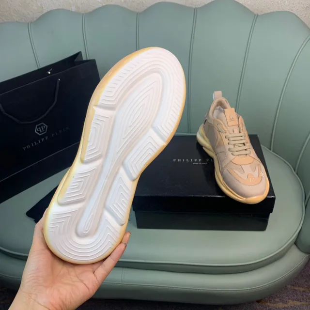 Philipp Plein Beige Rose Superpositions Ondulées En Couches Maille Et Cuir Suédé Panéling Sneakers Chunky 2