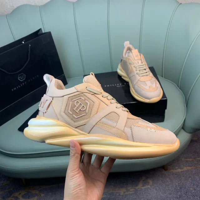 Philipp Plein Beige Rose Superpositions Ondulées En Couches Maille Et Cuir Suédé Panéling Sneakers Chunky 4