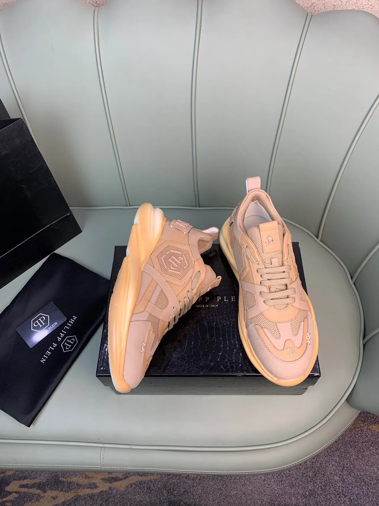 Philipp Plein Beige Rose Superpositions Ondulées En Couches Maille Et Cuir Suédé Panéling Sneakers Chunky 5