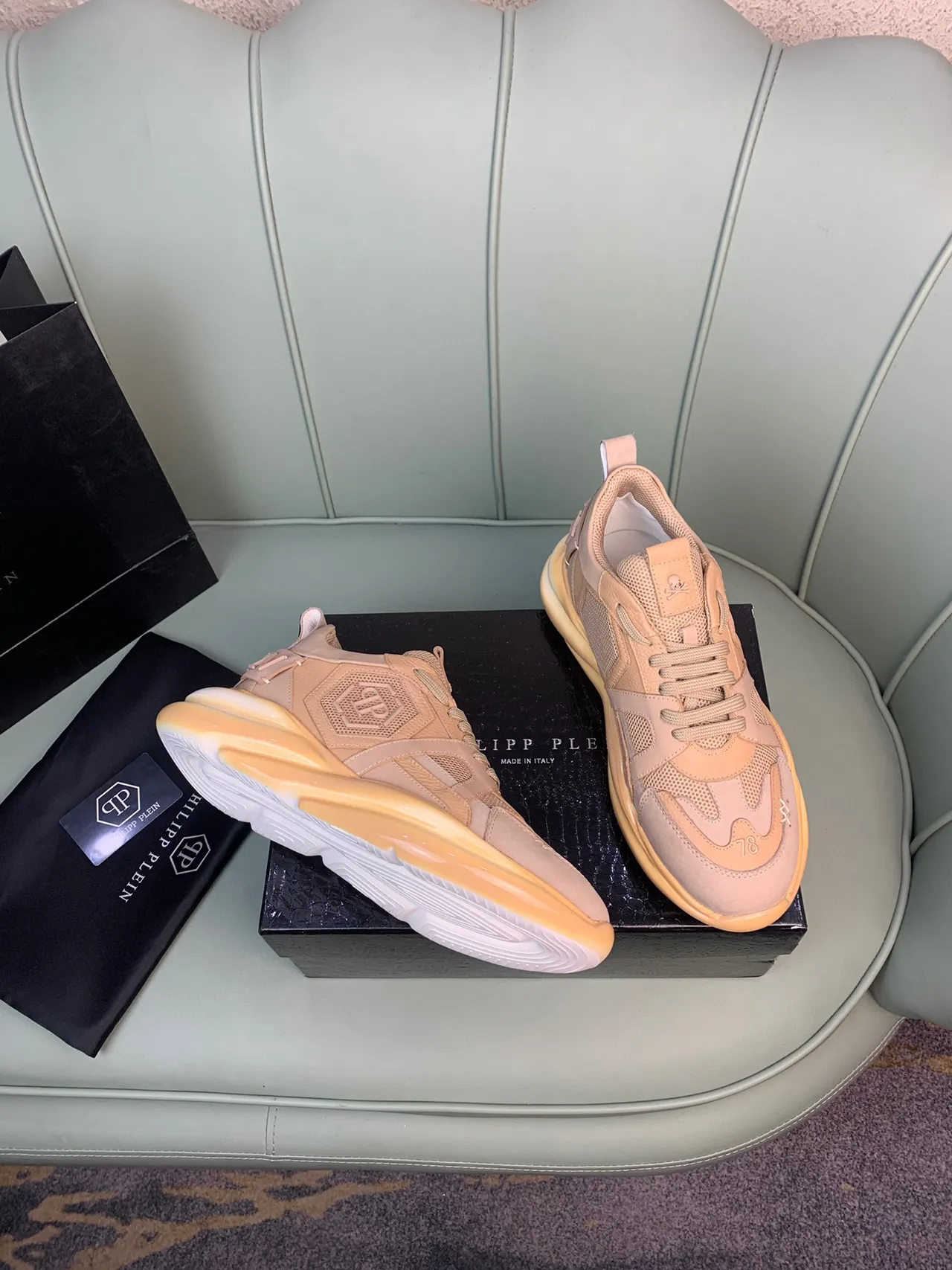 Philipp Plein Beige Rose Superpositions Ondulées En Couches Maille Et Cuir Suédé Panéling Sneakers Chunky 6