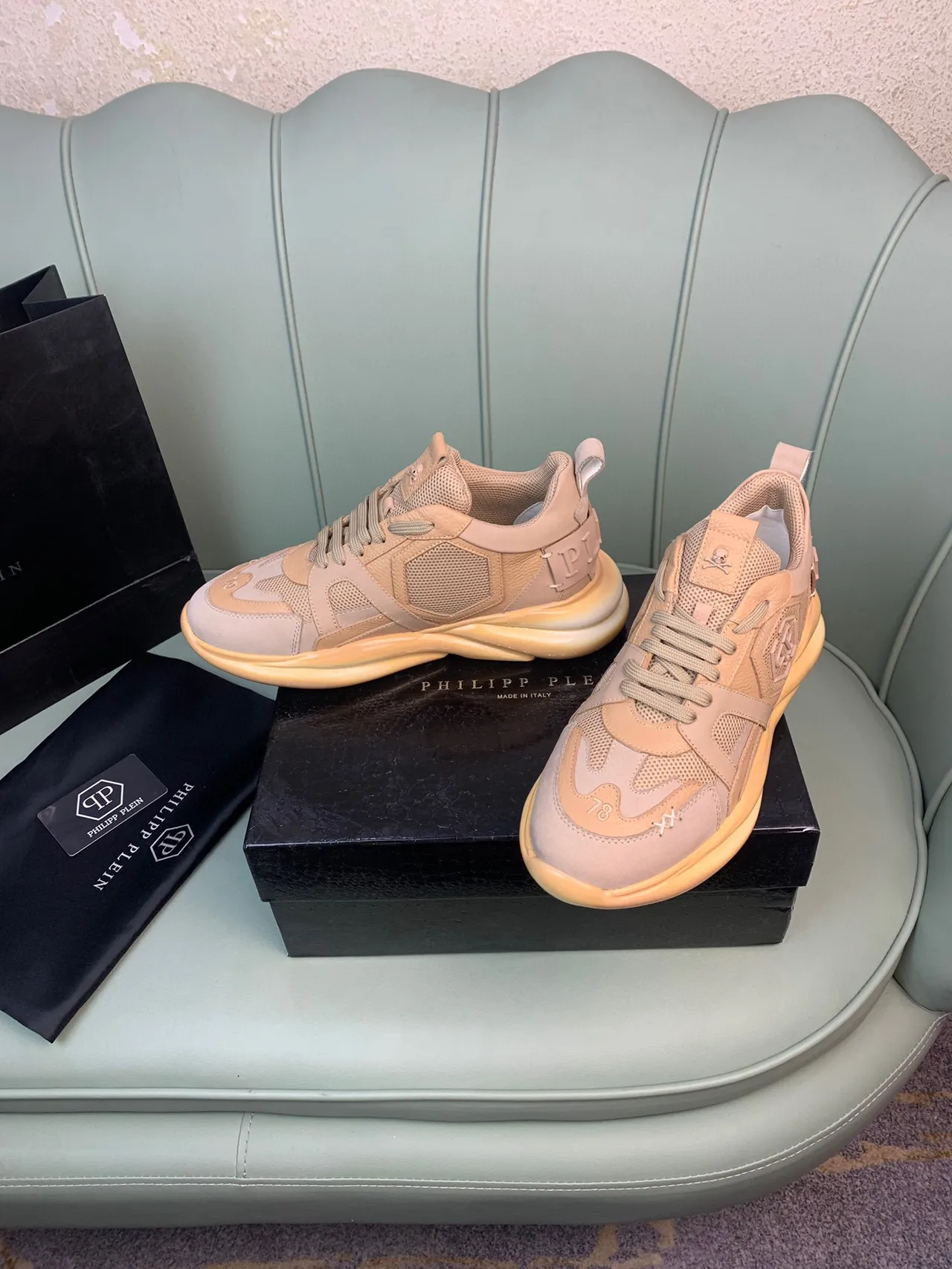 Philipp Plein Beige Rose Superpositions Ondulées En Couches Maille Et Cuir Suédé Panéling Sneakers Chunky 8