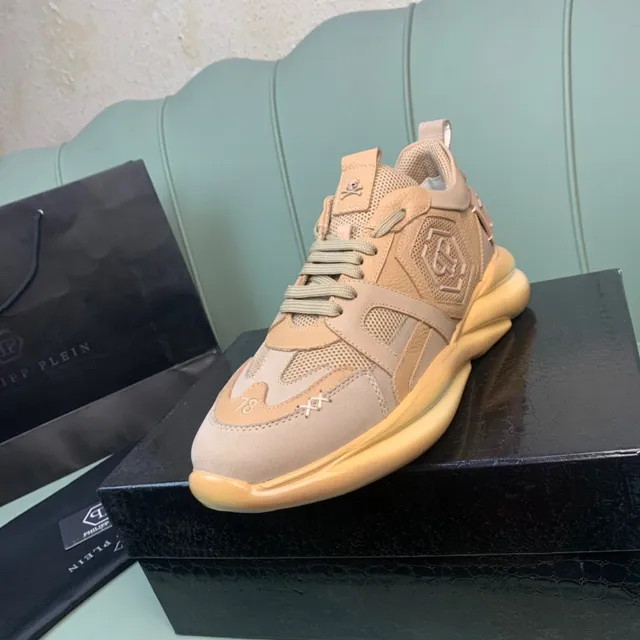 Philipp Plein Beige Rose Superpositions Ondulées En Couches Maille Et Cuir Suédé Panéling Sneakers Chunky 9
