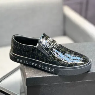 Philipp Plein 黑金 亮面鳄鱼压花皮革 线条艺术单字图案 休闲鞋