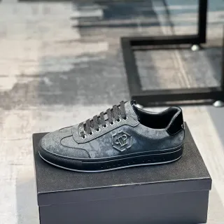 Philipp Plein Black Gray Cracked-Texture Leather Upper Hexagonal PP Logo Lifestyle Sneakers