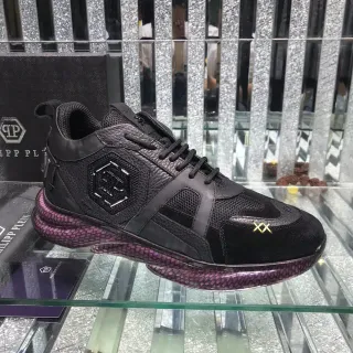 Philipp Plein 黑色紫色皮革-网布混合鞋面六角形PP Logo饰板厚底运动鞋
