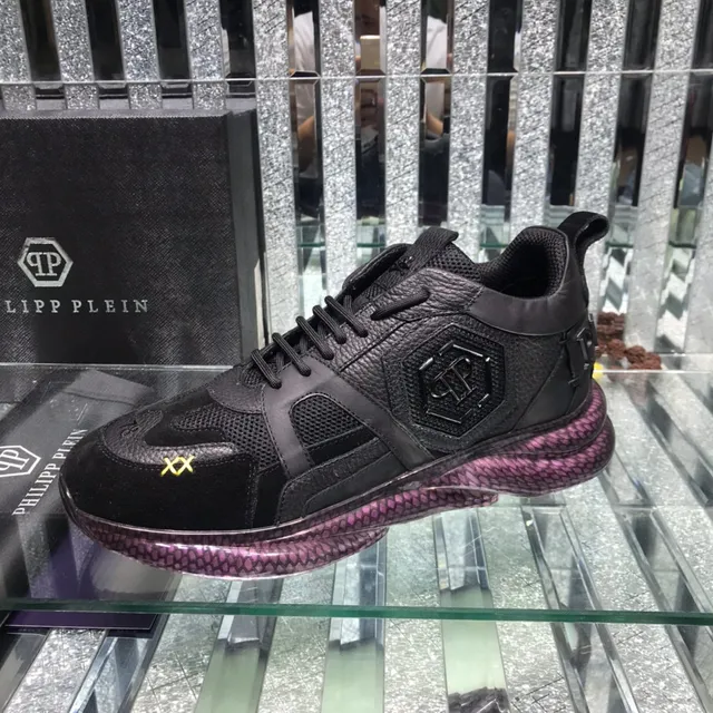 Philipp Plein أحذية رياضية سوداء وأرجوانية من الجلد والشبكة الهجينة مع العلوى السداسية لوحة شعار PP السميكة 4