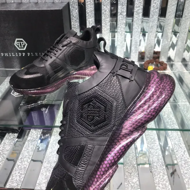 Philipp Plein أحذية رياضية سوداء وأرجوانية من الجلد والشبكة الهجينة مع العلوى السداسية لوحة شعار PP السميكة 5
