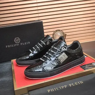 Philipp Plein Black White Glossy Croc-Embossed Leather Logo-Printed Laces Lifestyle Sneakers