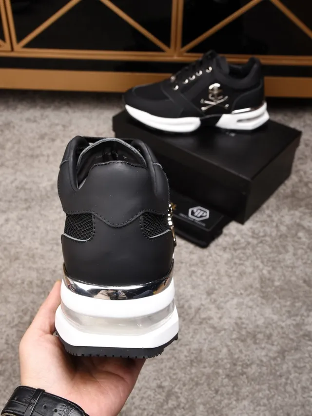 Philipp Plein أسود أبيض جلد وشبكة علوية وسطية منحوتة حذاء رياضي سميك 2
