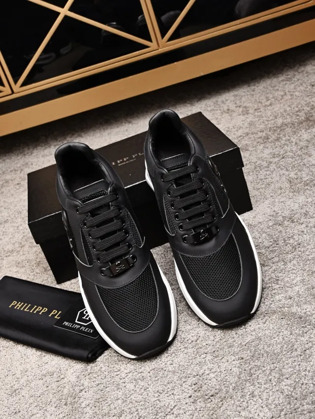 Philipp Plein أسود أبيض جلد وشبكة علوية وسطية منحوتة حذاء رياضي سميك 4
