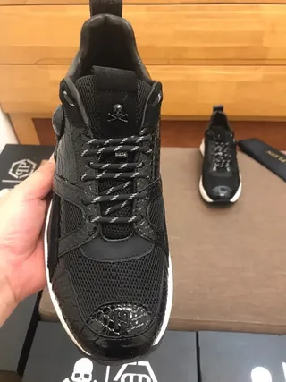 Philipp Plein Sola preta e branca couro patentado com estampado de serpente tênis chunky 6