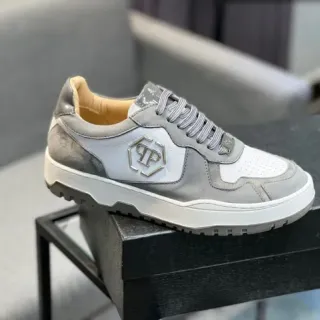 Philipp Plein 灰白 六边形金属 Logo 混合材质鞋面 厚底运动鞋