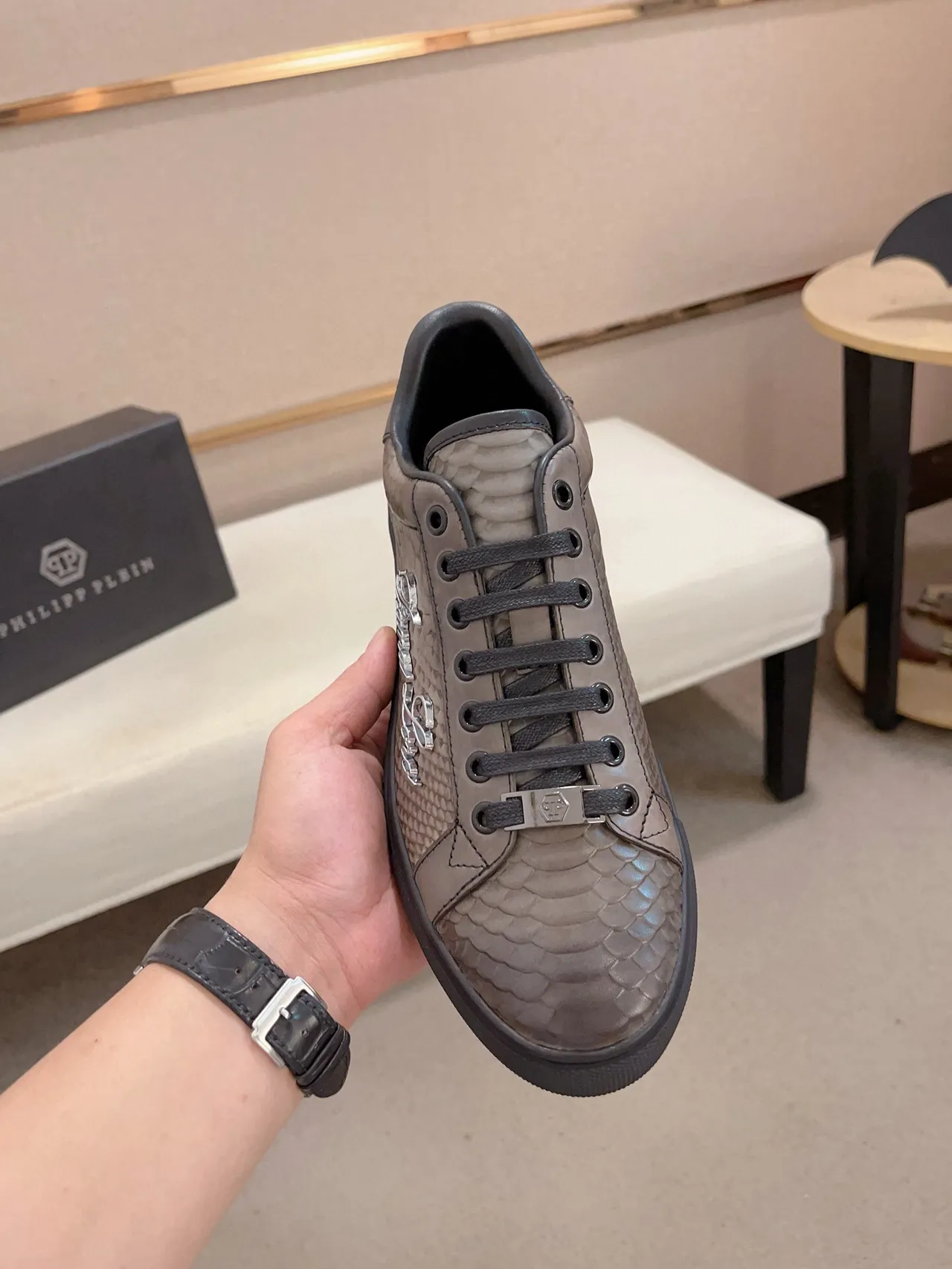 Philipp Plein Piana Loro جلد الثعبان رمادي وأسود أحذية رياضية أسلوب حياة 2