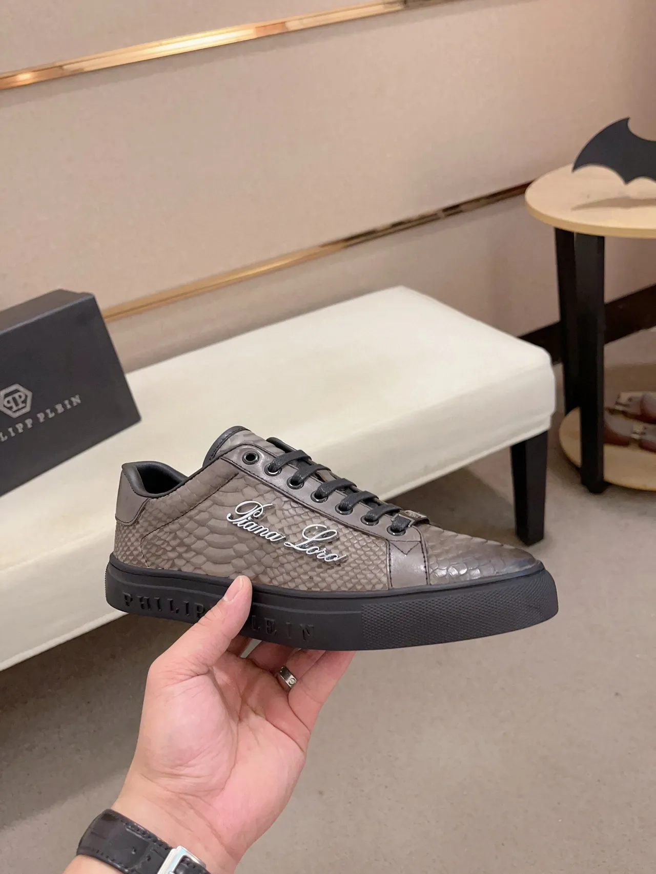 Philipp Plein Piana Loro جلد الثعبان رمادي وأسود أحذية رياضية أسلوب حياة 4