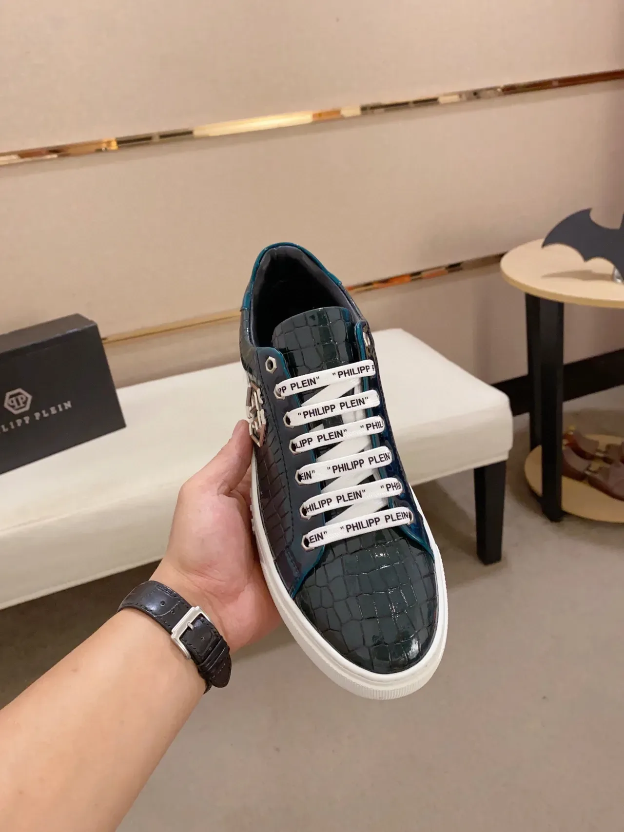 Philipp Plein PP Logo Croc-Embossed Teal Sneakers Lifestyle 2