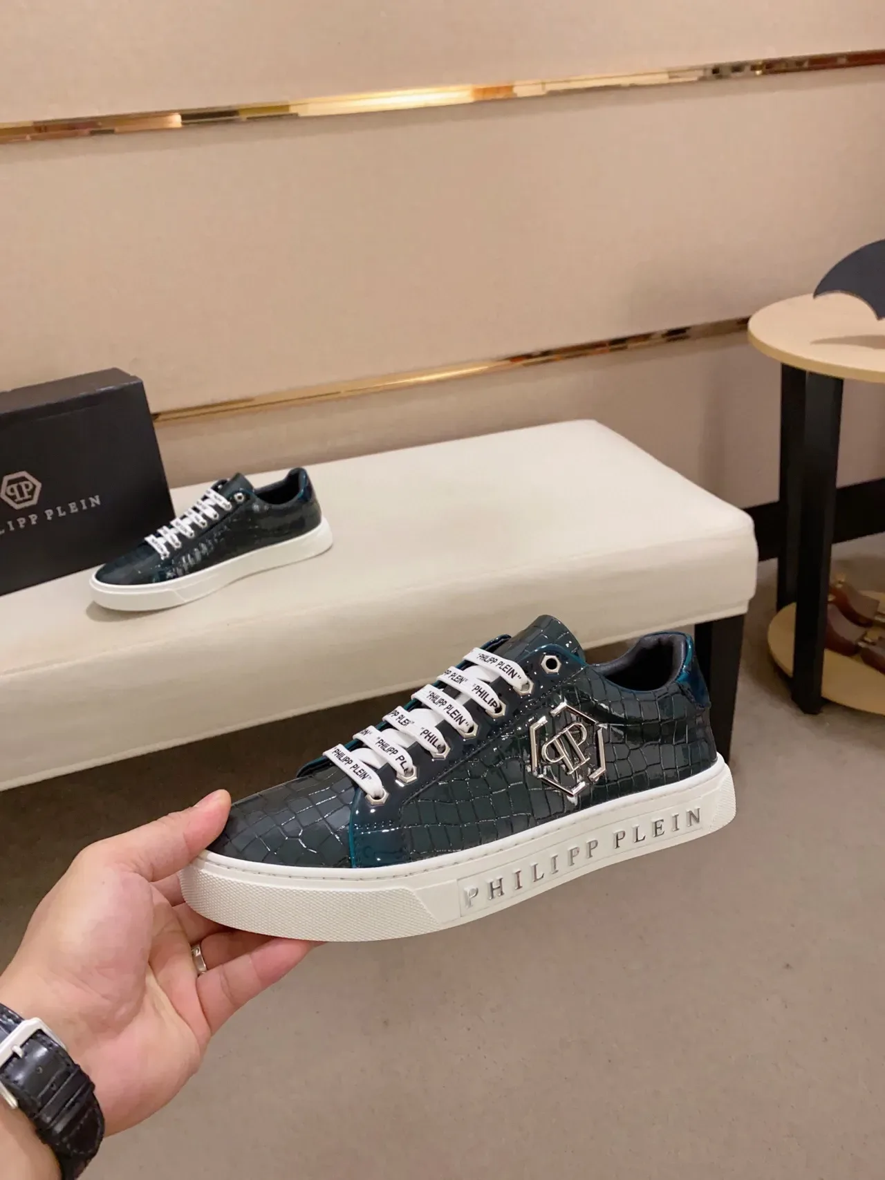 Philipp Plein PP Logo Croc-Embossed Teal Sneakers Lifestyle 3