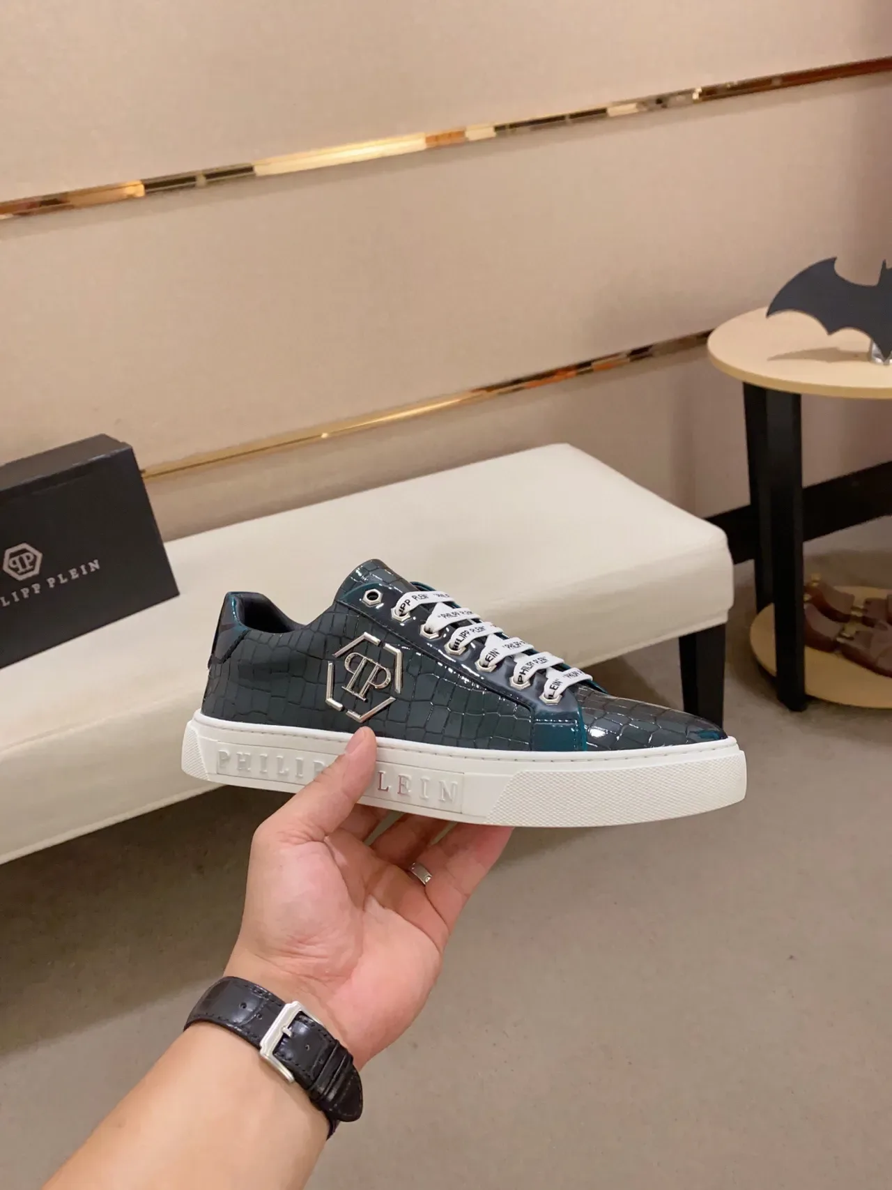 Philipp Plein PP Logo Croc-Embossed Teal Sneakers Lifestyle 4