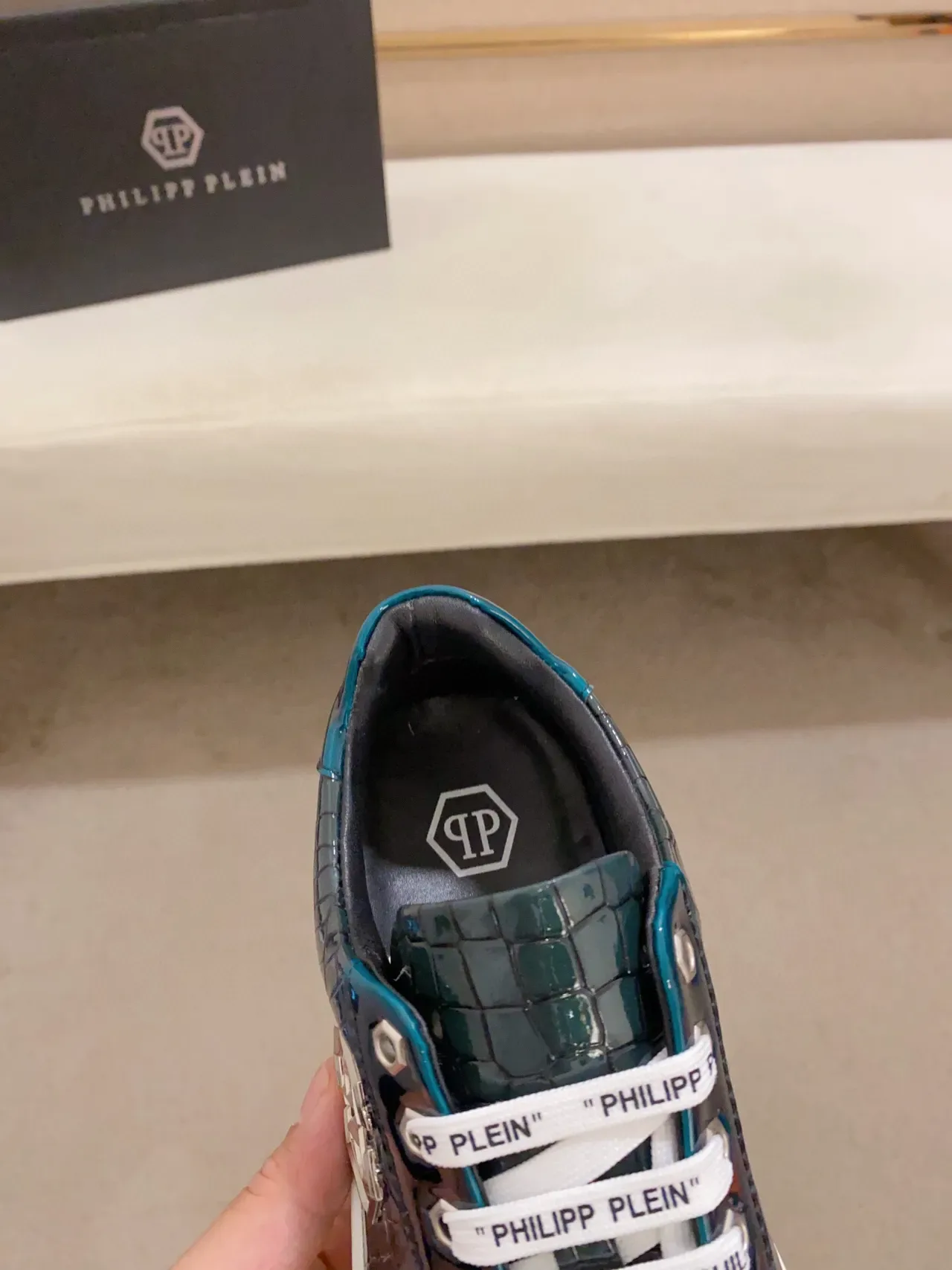 Philipp Plein PP Logo Croc-Embossed Teal Sneakers Lifestyle 5