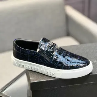 Philipp Plein Slip-On Loafer Navy White Glossy Croc-Embossed Leather Metallic Logo Plaque Loafer