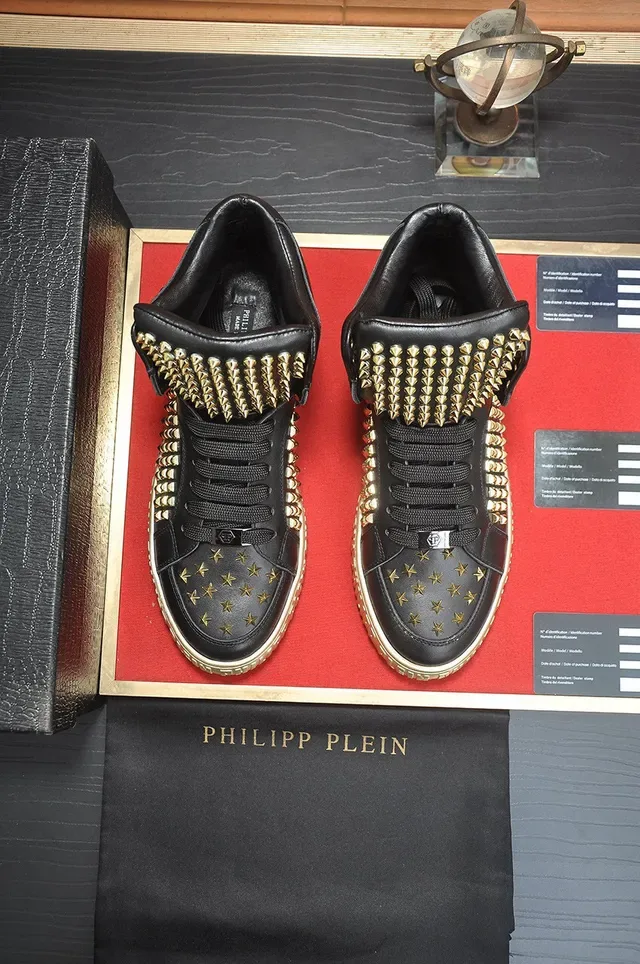 Philipp Plein أحذية رياضية أسلوب حياة أسود ذهبي عالي الارتفاع مغطاة بالمسامير 3
