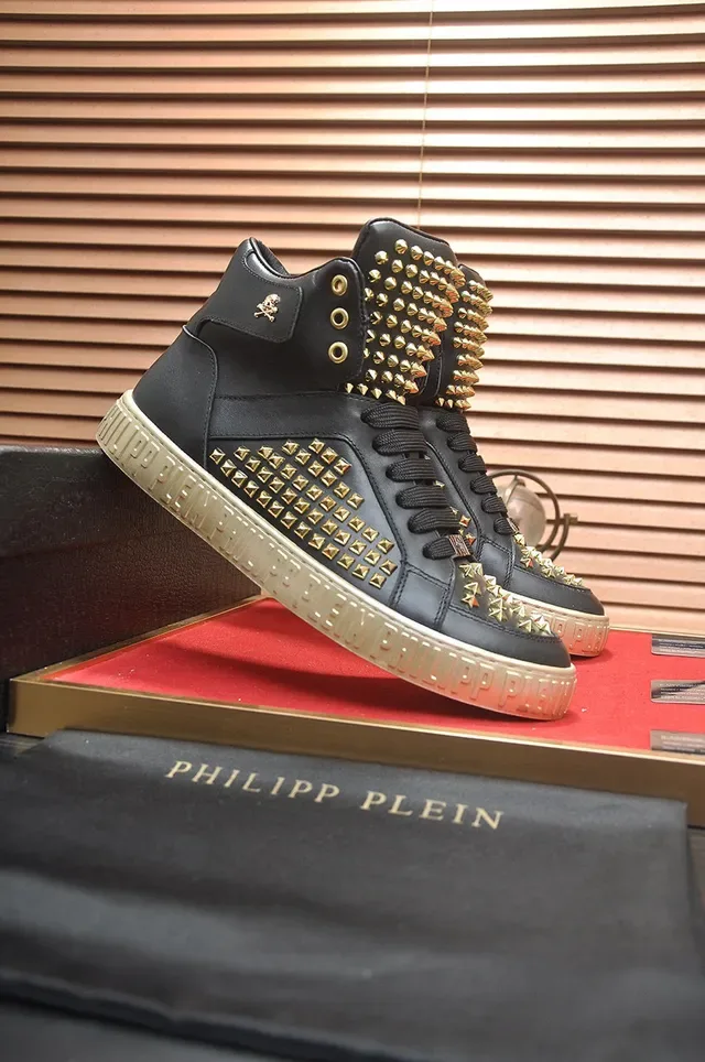 Philipp Plein أحذية رياضية أسلوب حياة أسود ذهبي عالي الارتفاع مغطاة بالمسامير 4