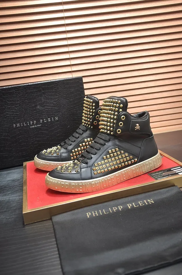 Philipp Plein أحذية رياضية أسلوب حياة أسود ذهبي عالي الارتفاع مغطاة بالمسامير 5