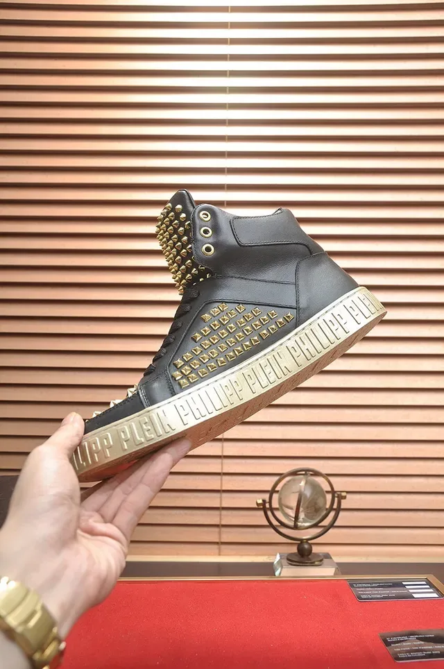 Philipp Plein أحذية رياضية أسلوب حياة أسود ذهبي عالي الارتفاع مغطاة بالمسامير 6