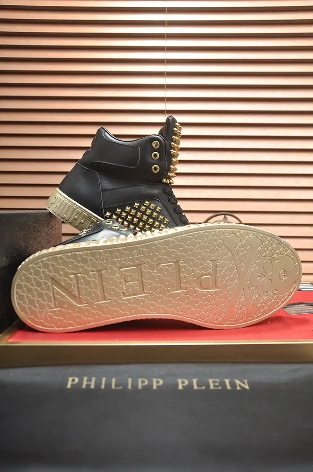 Philipp Plein أحذية رياضية أسلوب حياة أسود ذهبي عالي الارتفاع مغطاة بالمسامير 7