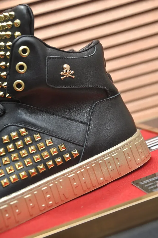 Philipp Plein أحذية رياضية أسلوب حياة أسود ذهبي عالي الارتفاع مغطاة بالمسامير 9