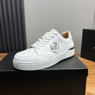 Philipp Plein White Silver Perforated Leather Upper Metallic Hexagonal Logo Lifestyle Sneakers