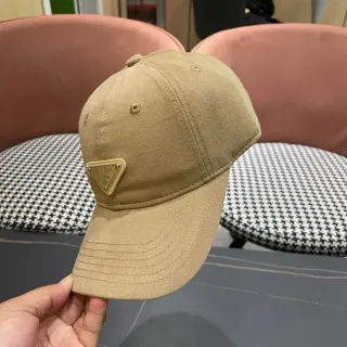 Prada Beige Gold Structured Six-Panel Metal Logo Plaque Baseball Cap