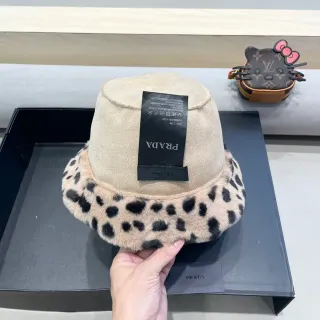 Prada Beige Suede Leopard-Trim Bucket Hat